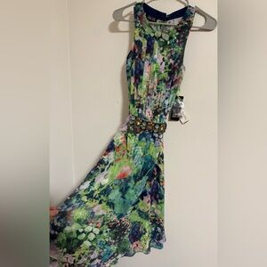 Rickie Freeman Teri Jon Multicolor Floral chiffon Midi Dress watercolor jewel 10